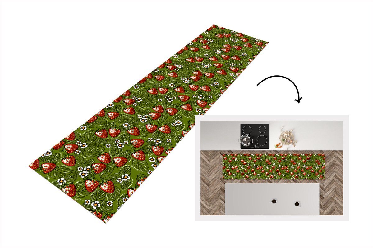 KitchenYeah Keukenloper - Loper keuken - Bloemen - Aardbei - Bladeren - Vegan - Patronen - 240x60 cm - Keukenloper vinyl Multicolor