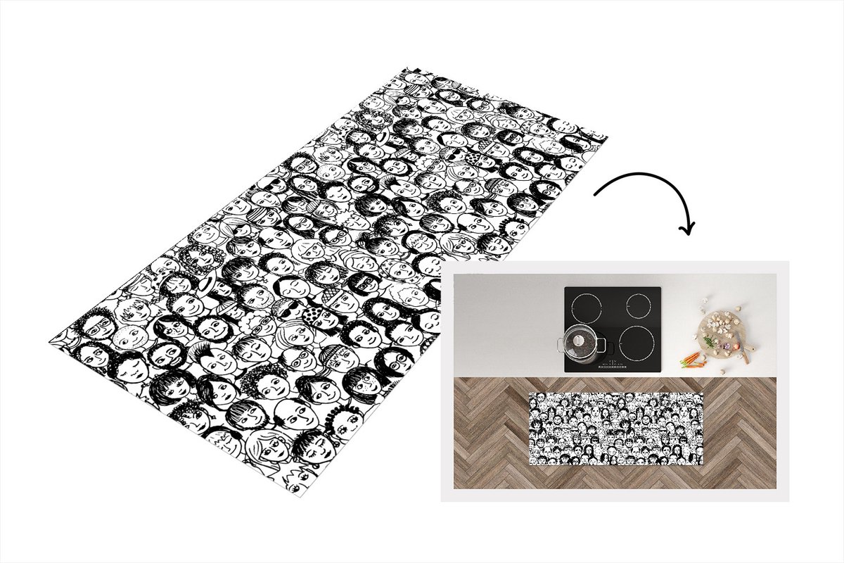 KitchenYeah Keukenloper - Loper keuken - Patronen - Gezicht - Zwart Wit - 120x50 cm - Keukenloper vinyl Zwart; Wit
