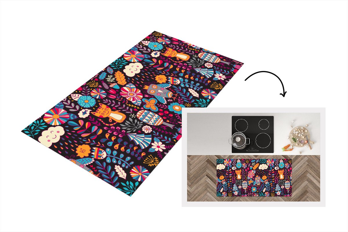 KitchenYeah Keukenloper - Loper keuken - Patroon - Uil - Kat - Bloemen - 120x60 cm - Keukenloper vinyl Multicolor