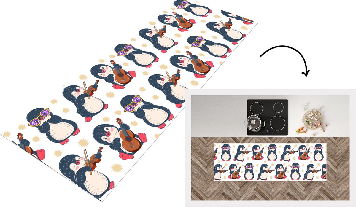 KitchenYeah Keukenloper - Loper keuken - Pinguïn - Muziek - Gitaar - Kinderen - Patroon - 150x50 cm - Keukenloper vinyl Multicolor