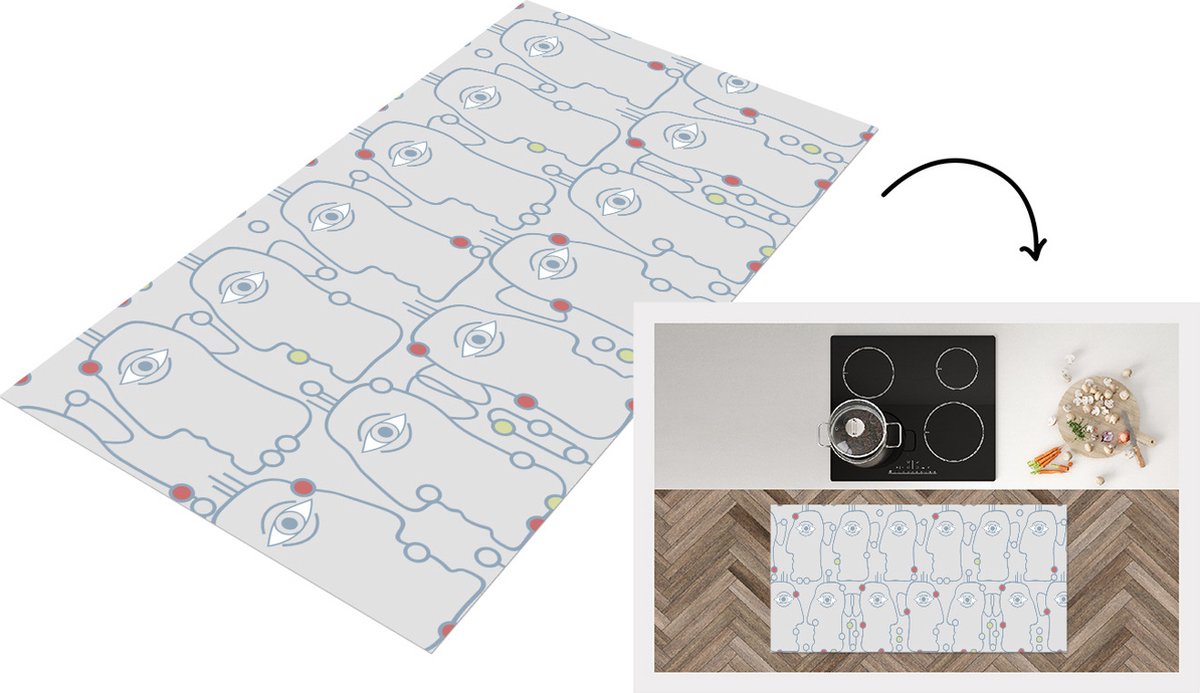KitchenYeah Keukenloper - Loper keuken - Line Art - Gezicht - Patroon - 120x60 cm - Keukenloper vinyl Multicolor