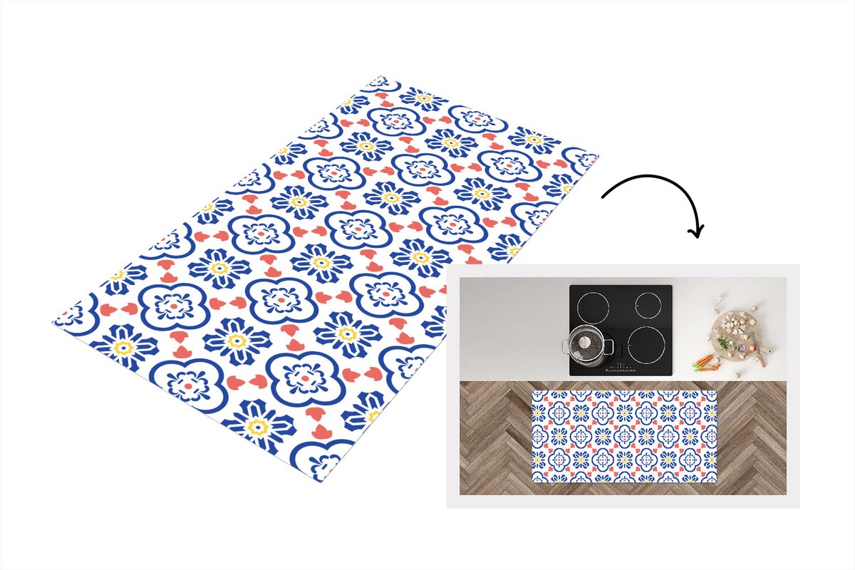 KitchenYeah Keukenloper - Loper keuken - Bloem - Blauw - Rood - Patroon - 120x60 cm - Keukenloper vinyl Multicolor
