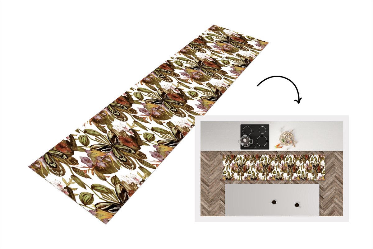 KitchenYeah Keukenloper - Loper keuken - Vlinder - Bloemen - Vintage - Patronen - 200x50 cm - Keukenloper vinyl Multicolor