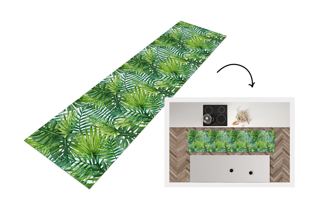 KitchenYeah Keukenloper - Loper keuken - Bladeren - Palm - Patronen - 200x50 cm - Keukenloper vinyl Multicolor