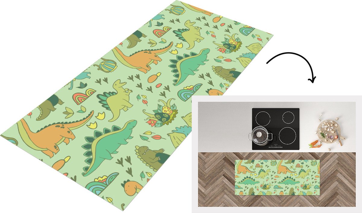 KitchenYeah Keukenloper - Loper keuken - Patronen - Dino - Groen - 120x50 cm - Keukenloper vinyl Multicolor
