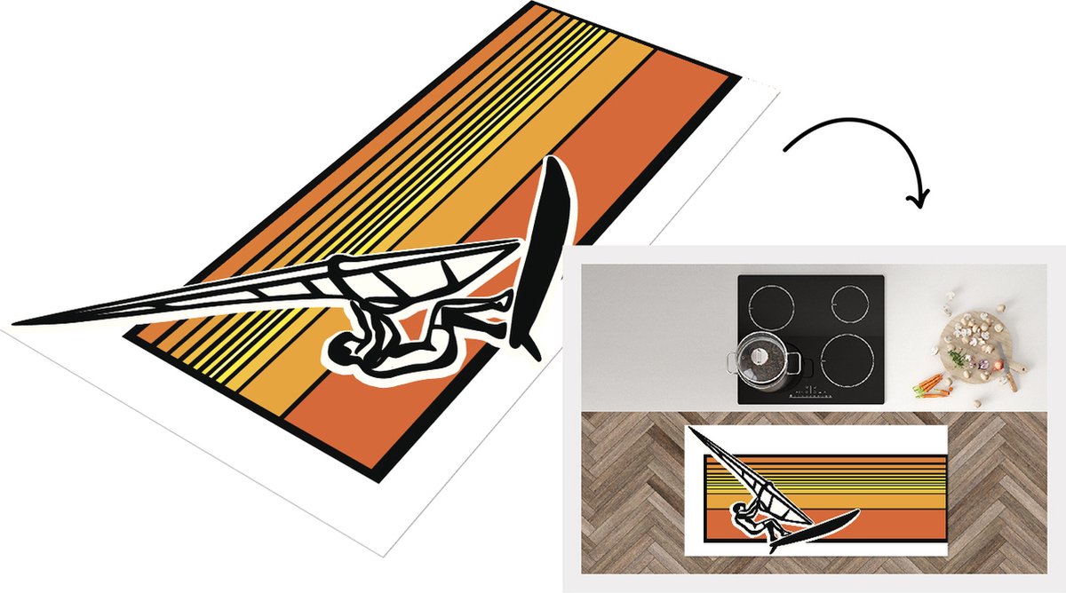 KitchenYeah Keukenloper - Loper keuken - Een historische illustratie van een persoon die aan het windsurfen is - 120x60 cm - Keukenloper vinyl Multicolor