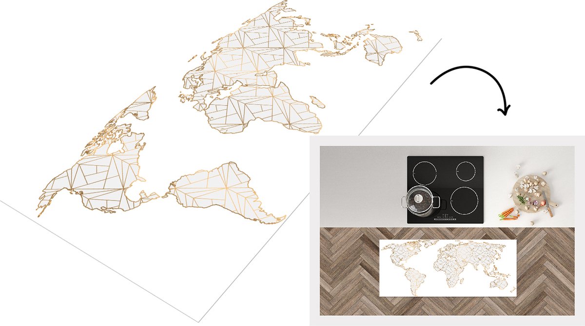 KitchenYeah Keukenloper - Loper keuken - Wereldkaart - Lijnen - Goud - Keukenloper vinyl Multicolor