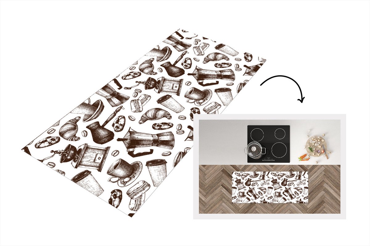 KitchenYeah Keukenloper - Loper keuken - Koffie - Croissant - Patroon - 120x50 cm - Keukenloper vinyl Multicolor