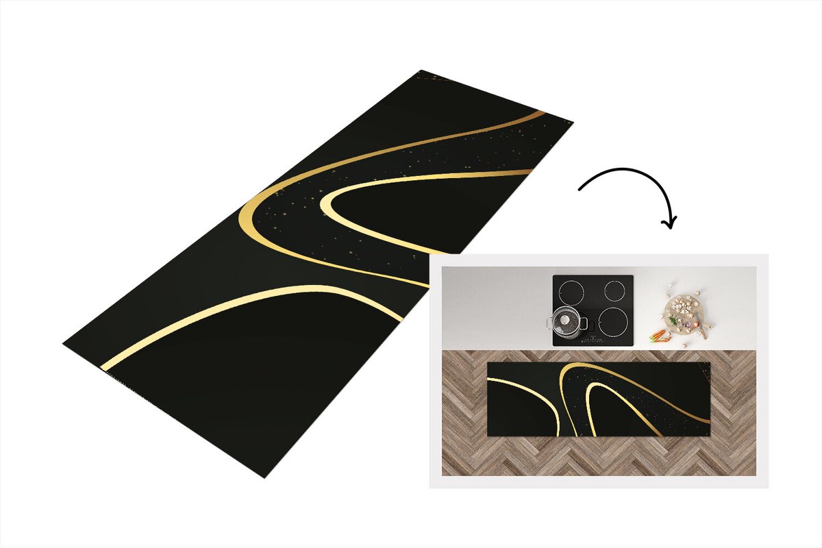 KitchenYeah Keukenloper - Loper keuken - Gouden golven op een zwarte achtergrond - 150x50 cm - Keukenloper vinyl Multicolor