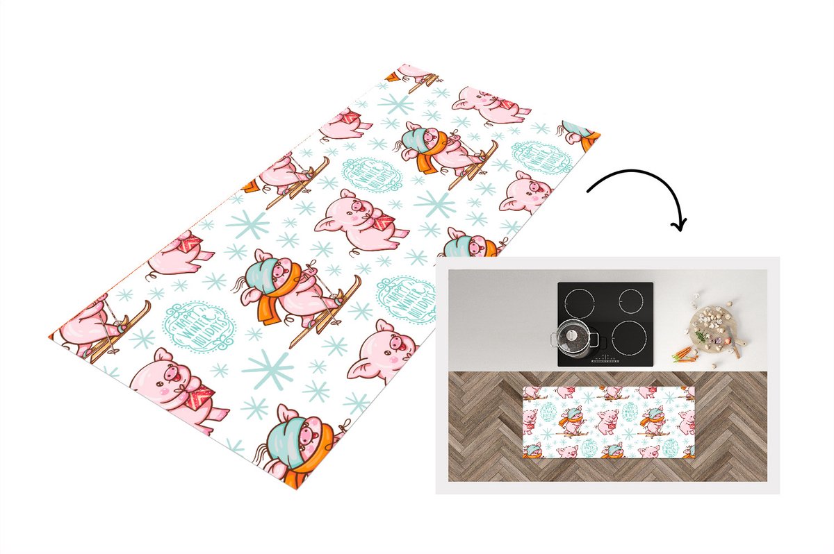 KitchenYeah Keukenloper - Loper keuken - Winter - Varkens - Sneeuw - Patroon - Skiën - 120x50 cm - Keukenloper vinyl Multicolor