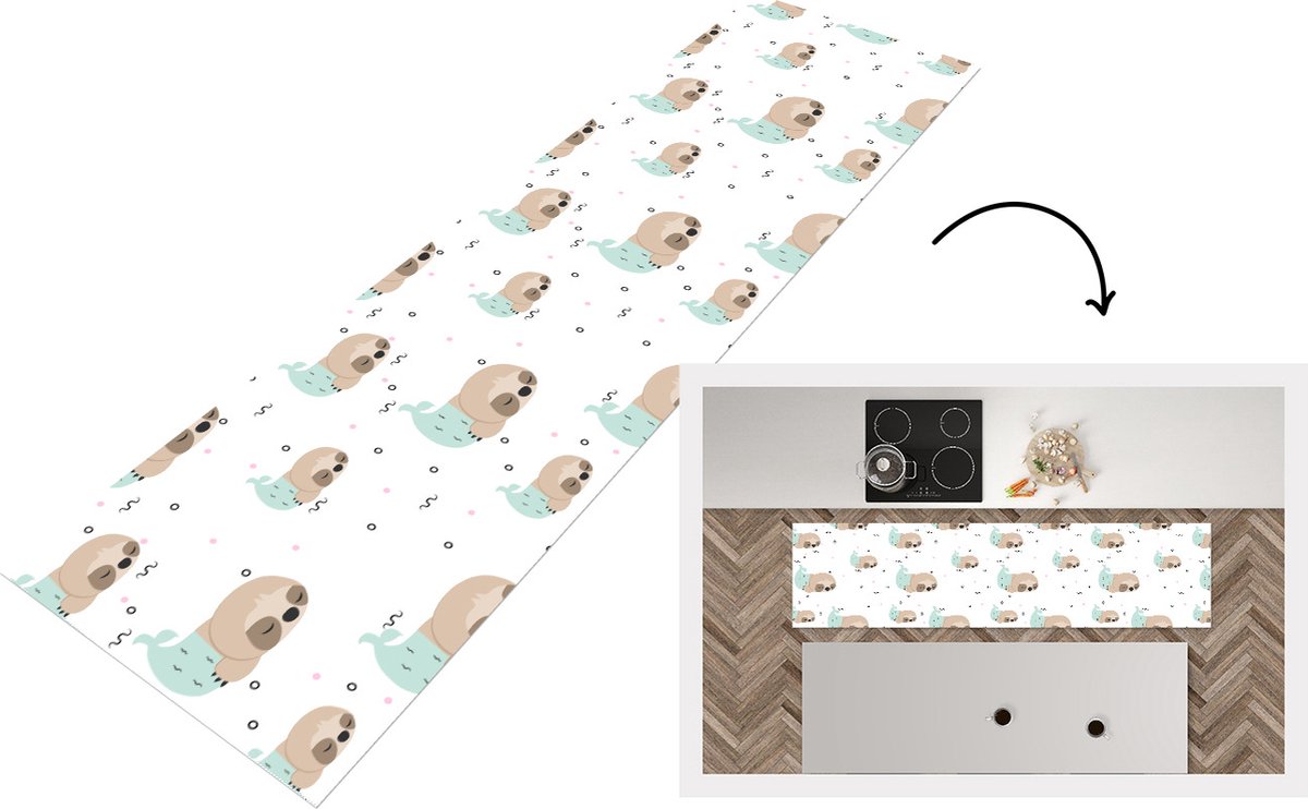 KitchenYeah Keukenloper - Loper keuken - Zeemeermin - Luiaard -Patroon - Slapen - 200x50 cm - Keukenloper vinyl Multicolor