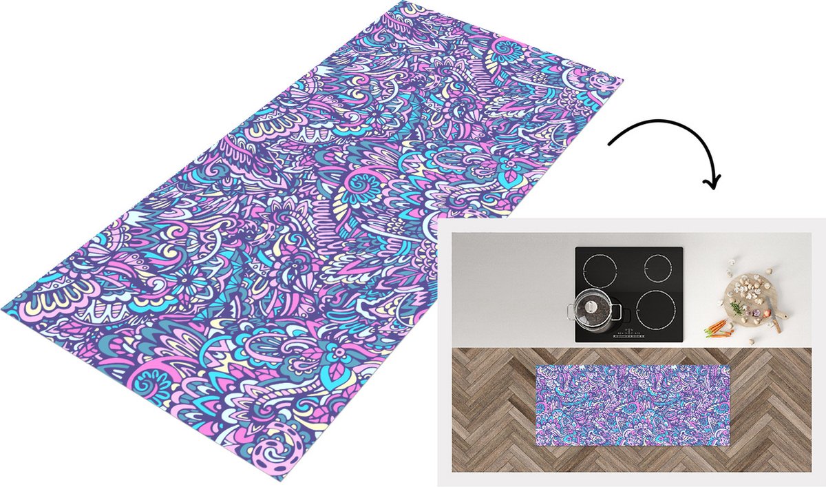 KitchenYeah Keukenloper - Loper keuken - Paisley - Vintage - Roze - Blauw - Patroon - Keukenloper vinyl Multicolor