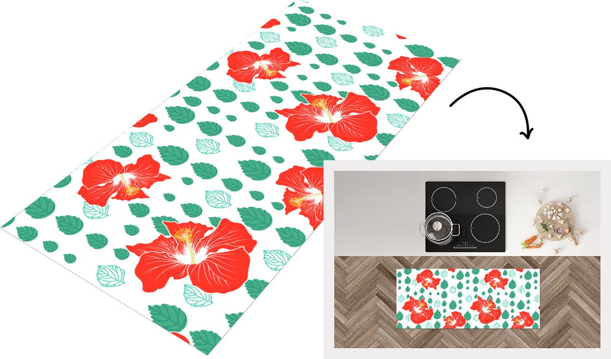 KitchenYeah Keukenloper - Loper keuken - Hibiscus - Patronen - Hawaii - Bladeren - Bloem - 120x50 cm - Keukenloper vinyl Multicolor