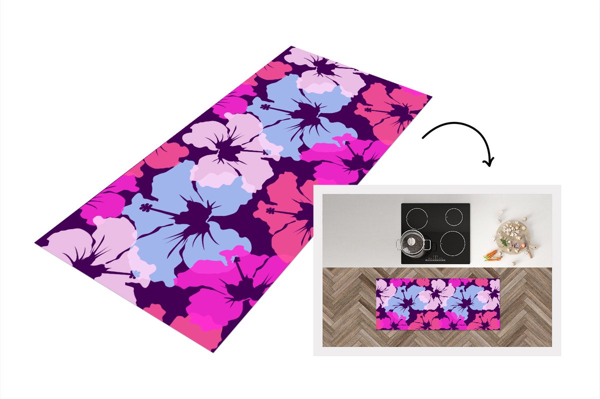 KitchenYeah Keukenloper - Loper keuken - Pastel - Hibiscus - Bloem - Hawaii - Design - 120x50 cm - Keukenloper vinyl Multicolor