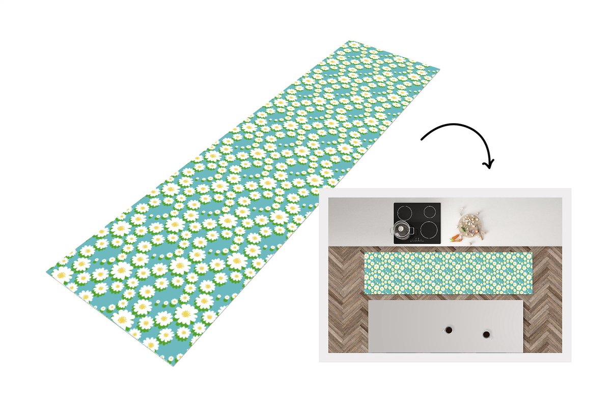 KitchenYeah Keukenloper - Loper keuken - Bloemen - Patroon - Madelief - 240x60 cm - Keukenloper vinyl Multicolor