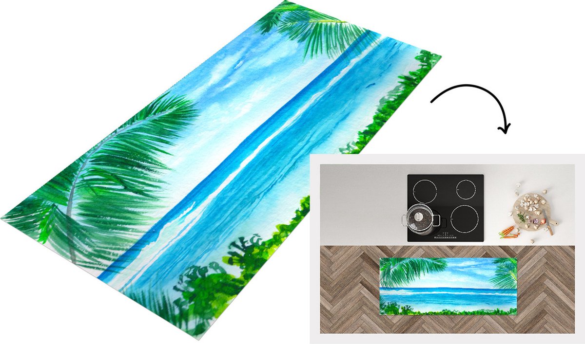 KitchenYeah Keukenloper - Loper keuken - Zee - Strand - Plant - 120x50 cm - Keukenloper vinyl Multicolor