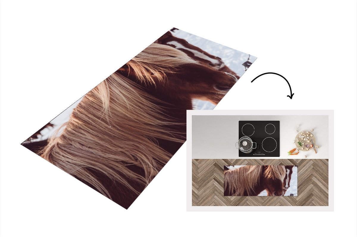 KitchenYeah Keukenloper - Loper keuken - Paarden - Sneeuw - Hek - 120x50 cm - Keukenloper vinyl Multicolor