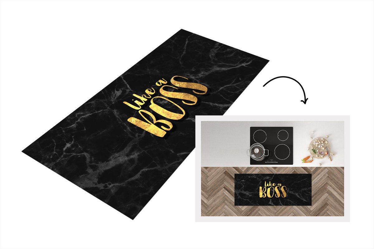 KitchenYeah Keukenloper - Loper keuken - Quote - Boss - Goud - Marmer - 120x50 cm - Keukenloper vinyl Multicolor