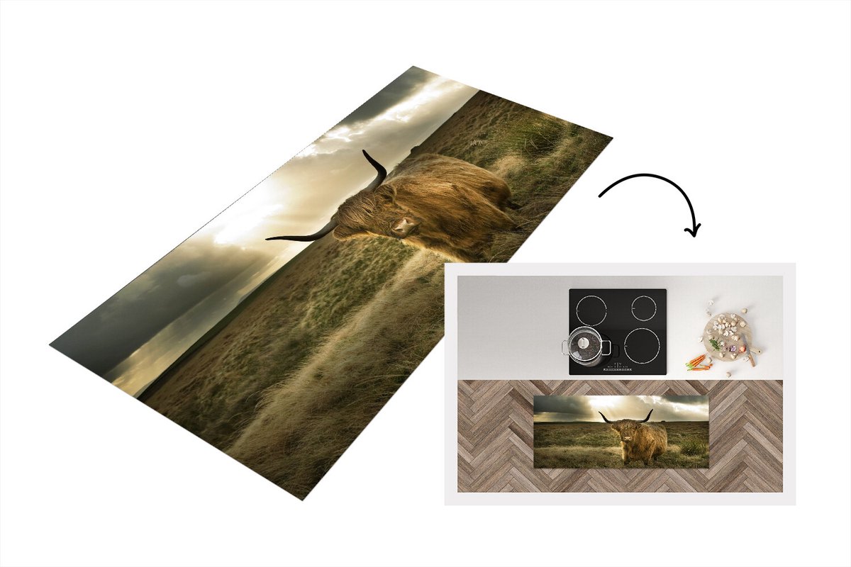 KitchenYeah Keukenloper - Loper keuken - Schotse Hooglander - Zon - Dieren - 120x50 cm - Keukenloper vinyl Multicolor