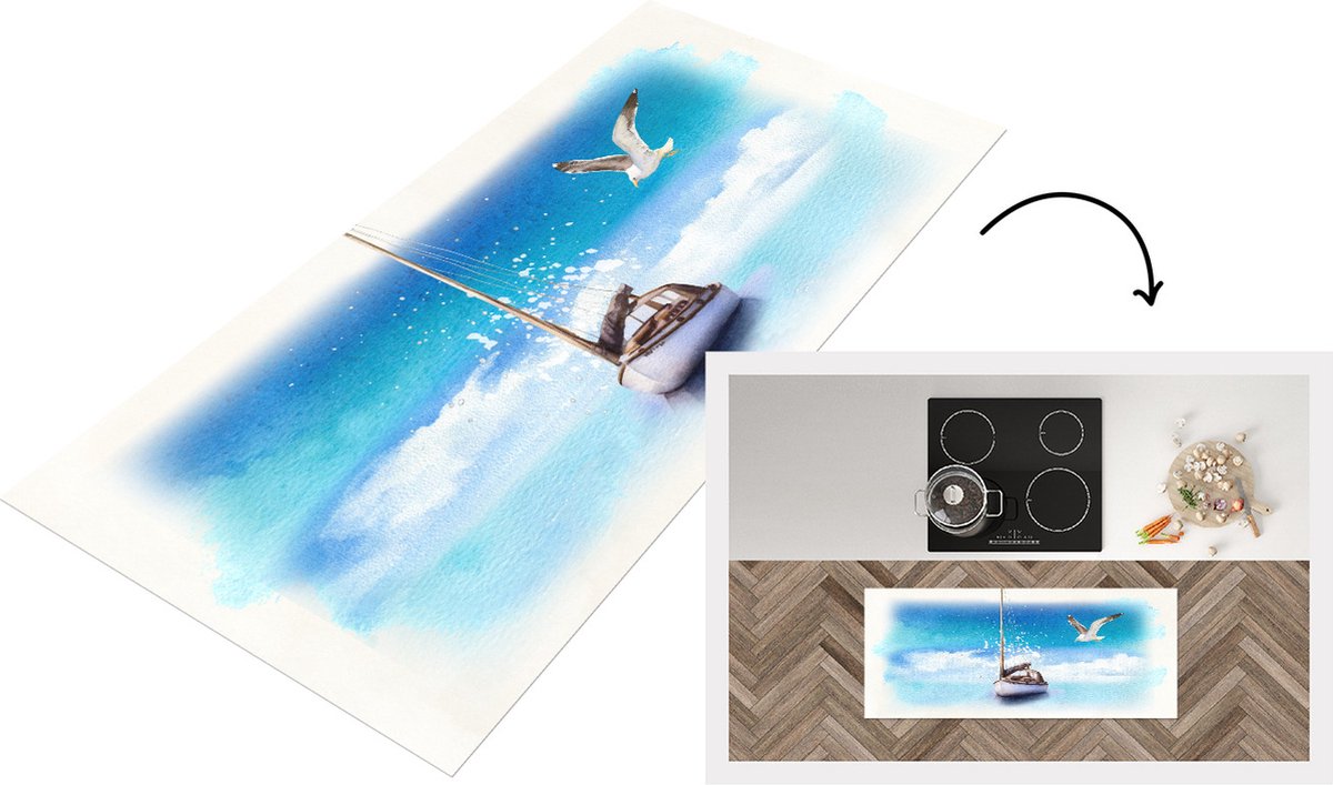 KitchenYeah Keukenloper - Loper keuken - Zeilboot - Vogel - Zee - 120x50 cm - Keukenloper vinyl Multicolor