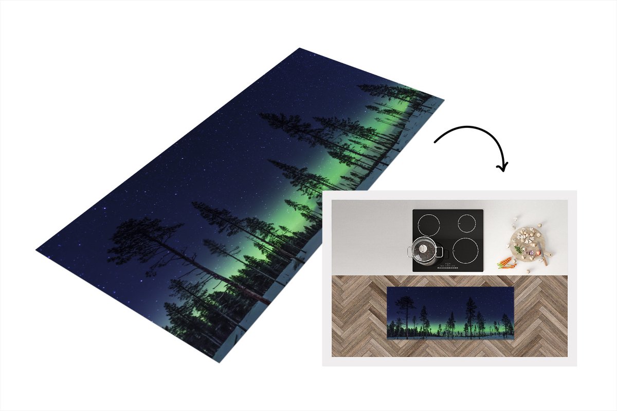 KitchenYeah Keukenloper - Loper keuken - Noorderlicht - Sneeuw - Boom - 120x50 cm - Keukenloper vinyl Multicolor