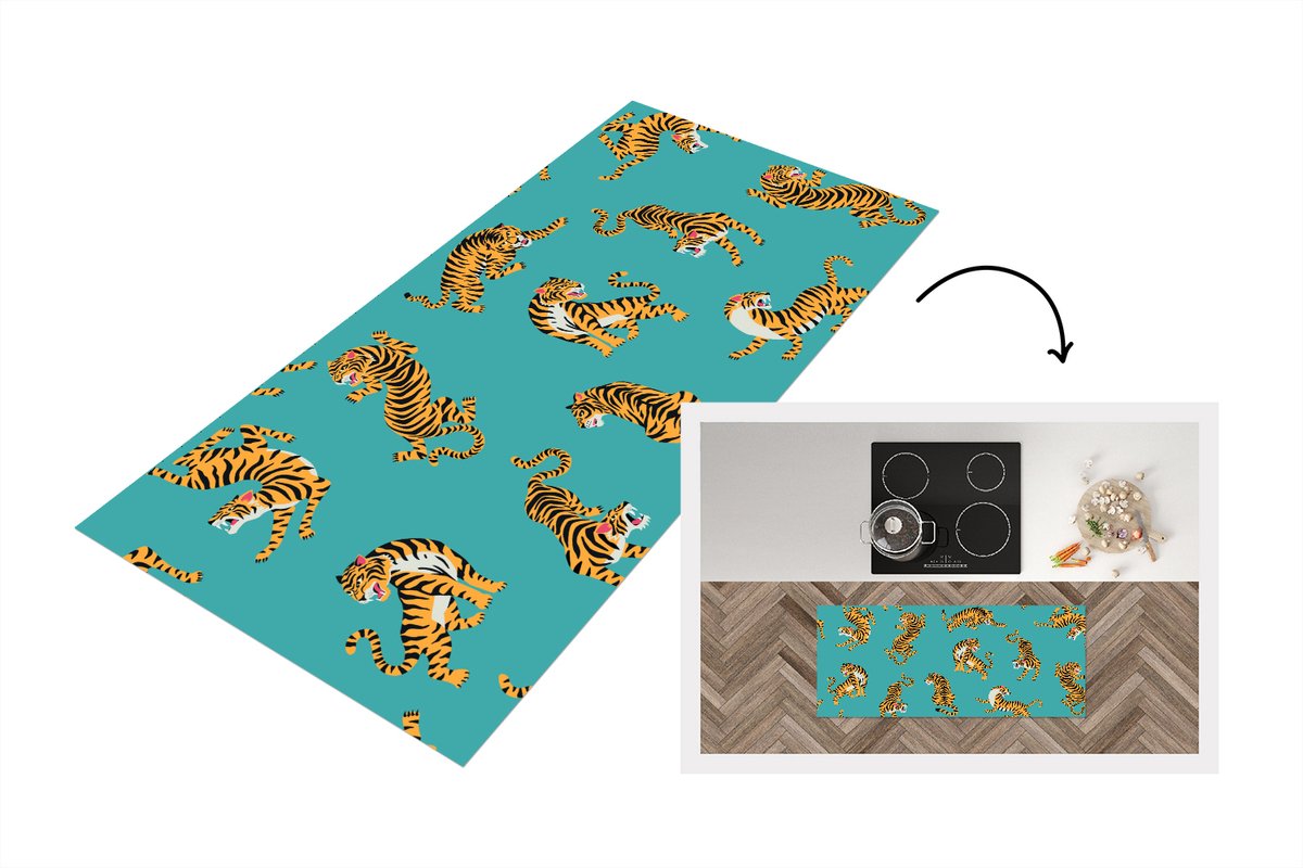 KitchenYeah Keukenloper - Loper keuken - Tijgers - Patroon - Blauw - Keukenloper vinyl Multicolor