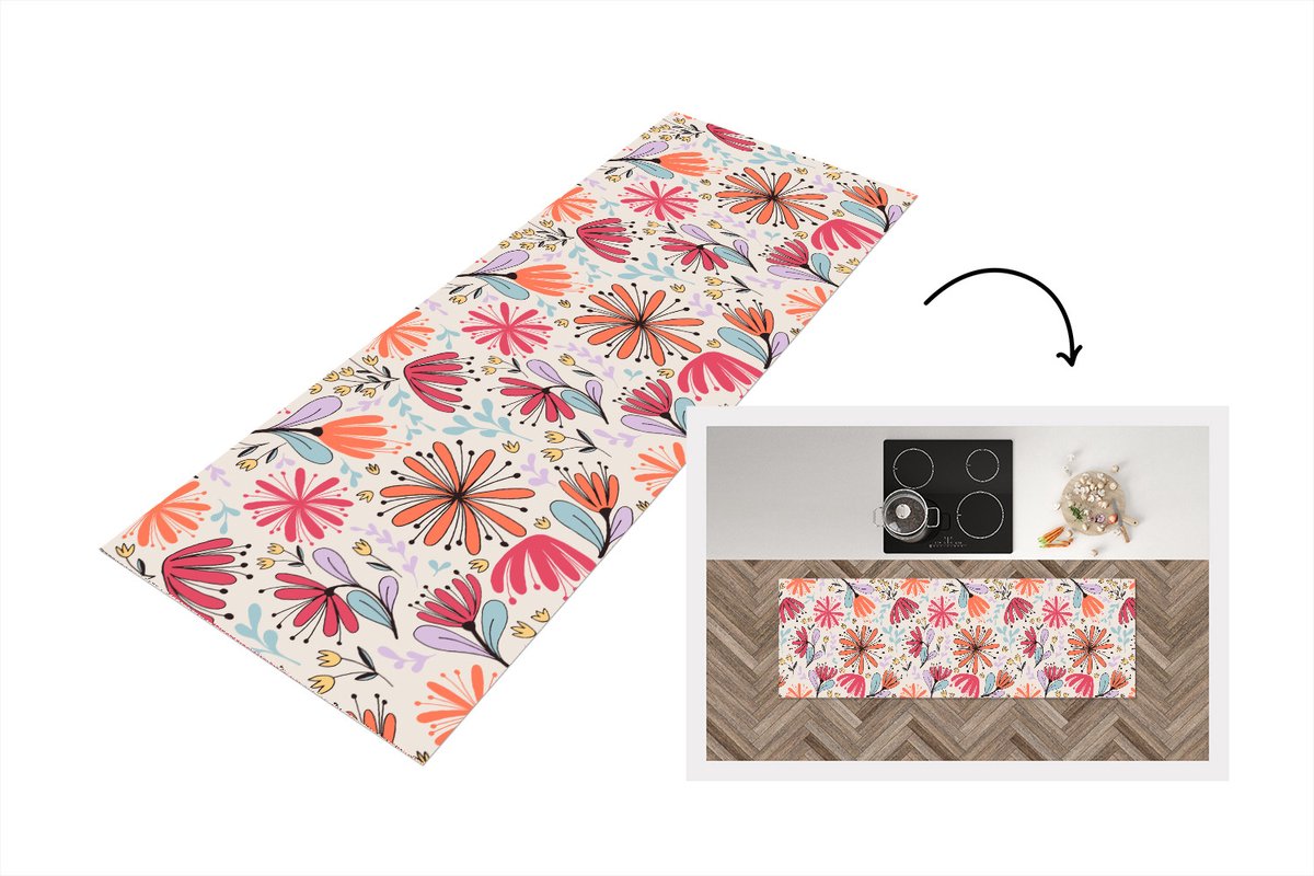 KitchenYeah Keukenloper - Loper keuken - Bloemen - Regenboog - Design - 150x50 cm - Keukenloper vinyl Multicolor