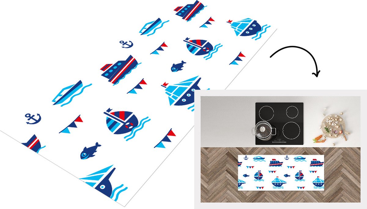 KitchenYeah Keukenloper - Loper keuken - Boot - Blauw - Rood - Jongen - Patroon - 120x50 cm - Keukenloper vinyl Multicolor