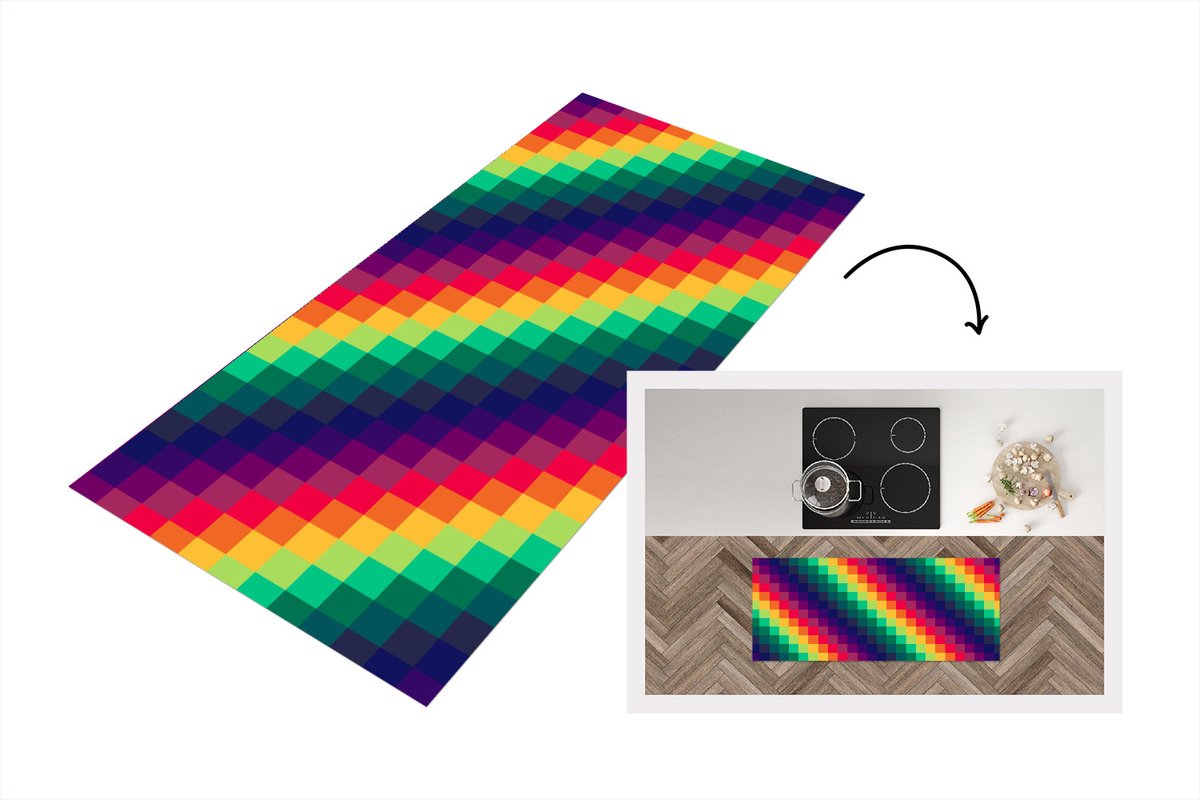 KitchenYeah Keukenloper - Loper keuken - Regenboog - Patronen - Pixel - 120x50 cm - Keukenloper vinyl Multicolor