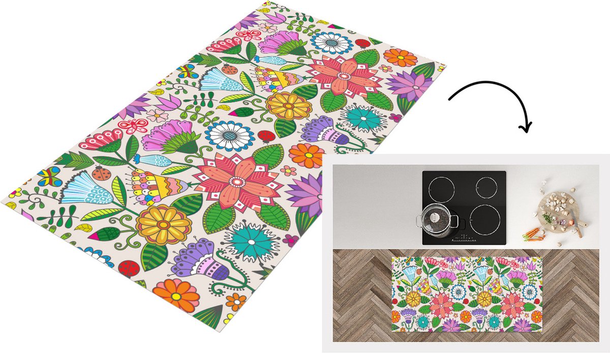 KitchenYeah Keukenloper - Loper keuken - Bloemen - Regenboog - Vlinder - Design - 120x60 cm - Keukenloper vinyl Multicolor