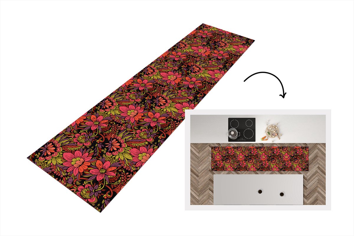 KitchenYeah Keukenloper - Loper keuken - Bloemen - Bladeren - Design - 200x50 cm - Keukenloper vinyl Multicolor
