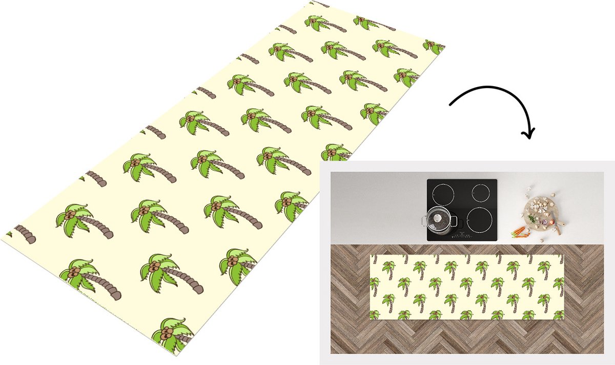 KitchenYeah Keukenloper - Loper keuken - Palmboom - Patronen - Kokosnoot - Tropisch - 150x50 cm - Keukenloper vinyl Multicolor