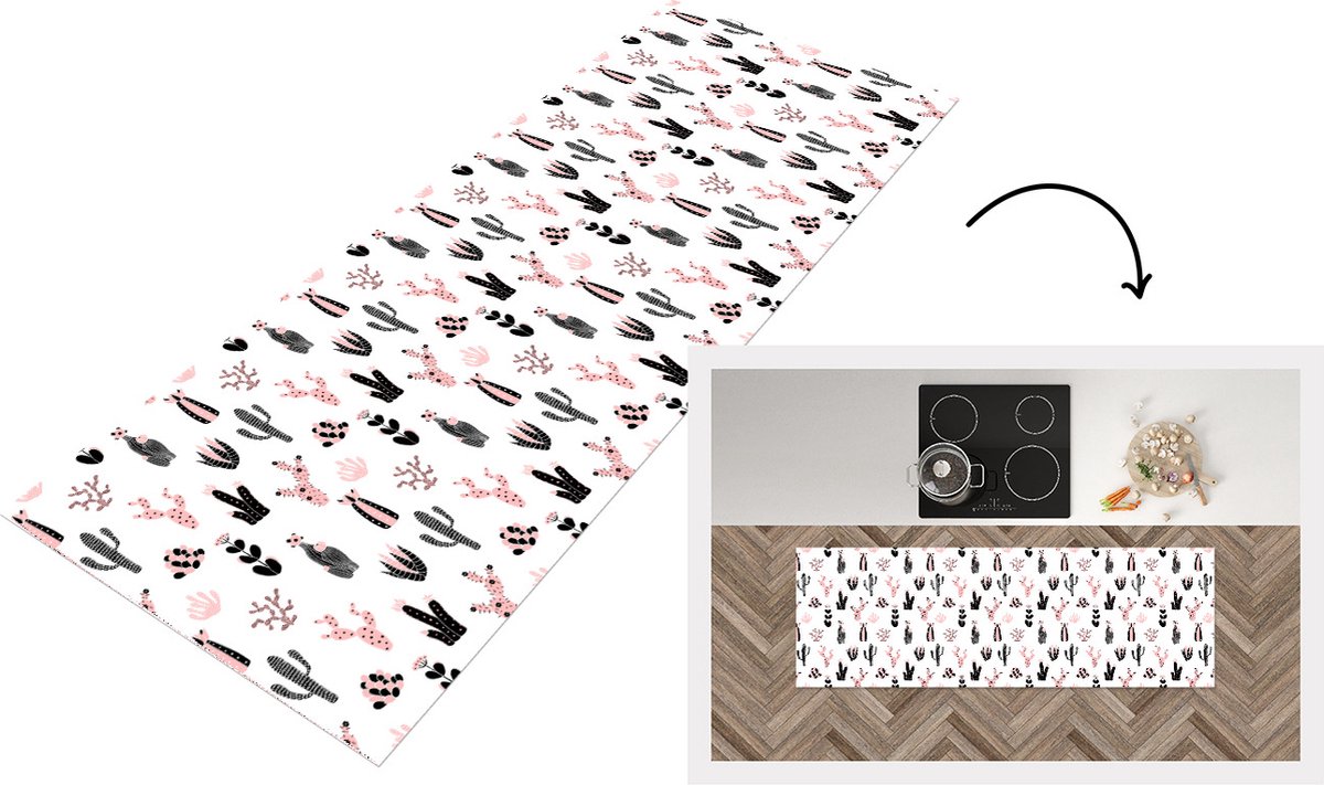 KitchenYeah Keukenloper - Loper keuken - Meiden - Cactus - Roze - Patronen - 180x60 cm - Keukenloper vinyl Multicolor