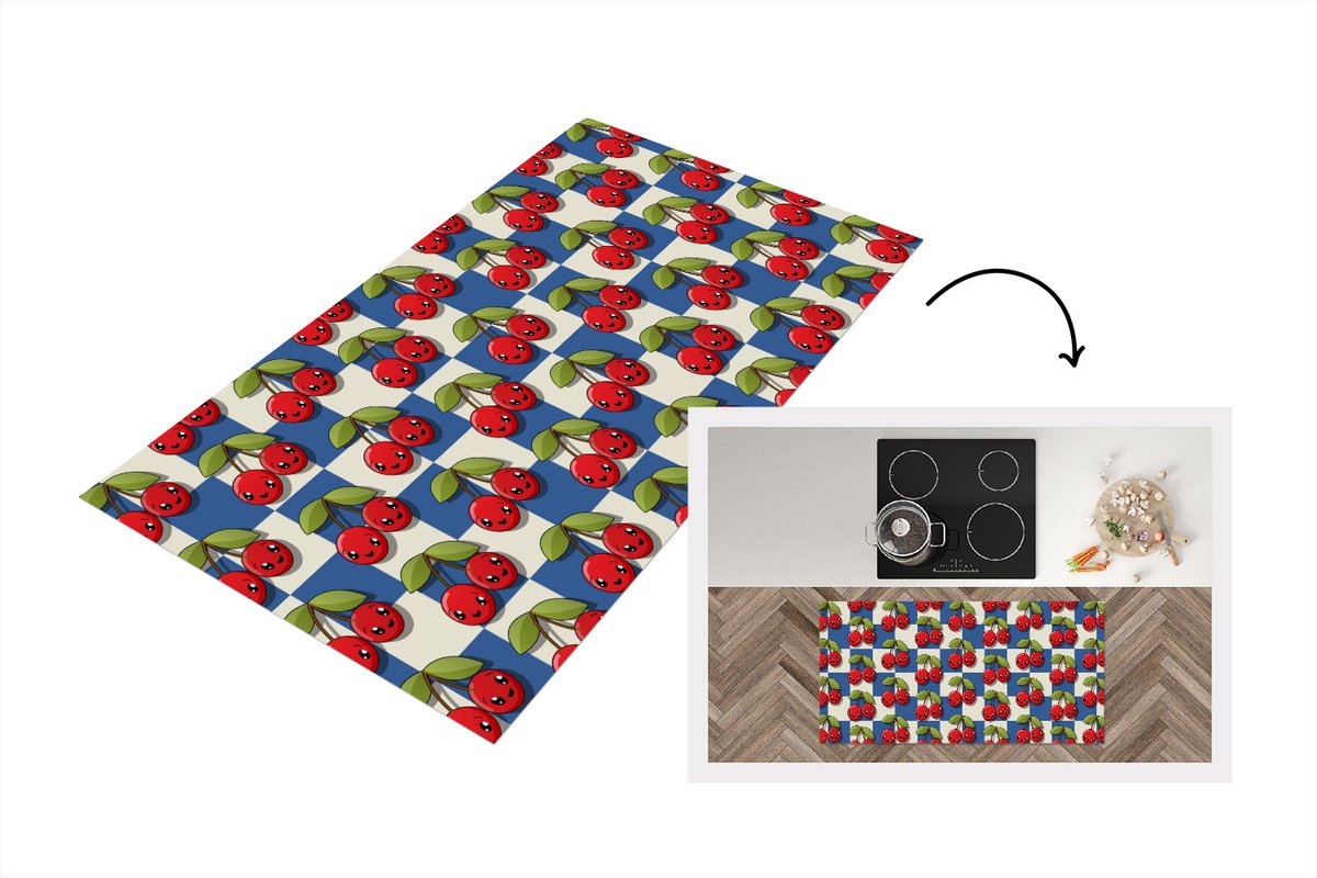KitchenYeah Keukenloper - Loper keuken - Meiden - Kers - Eten - Patronen - 120x60 cm - Keukenloper vinyl Multicolor