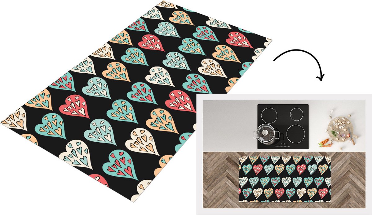 KitchenYeah Keukenloper - Loper keuken - Meisjes - Hart - Hartjes - Patronen - 120x60 cm - Keukenloper vinyl Multicolor