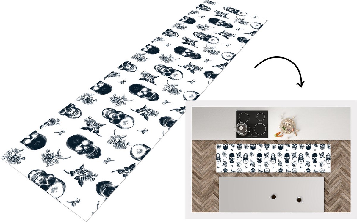 KitchenYeah Keukenloper - Loper keuken - Tiener - Skull - Rozen - Patroon - 240x60 cm - Keukenloper vinyl Multicolor