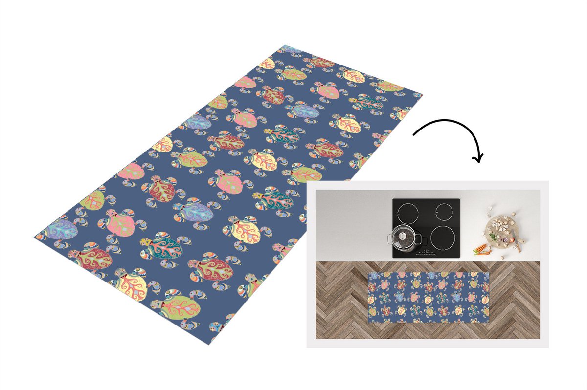 KitchenYeah Keukenloper - Loper keuken - Patronen - Schildpad - Dieren - 120x50 cm - Keukenloper vinyl Multicolor
