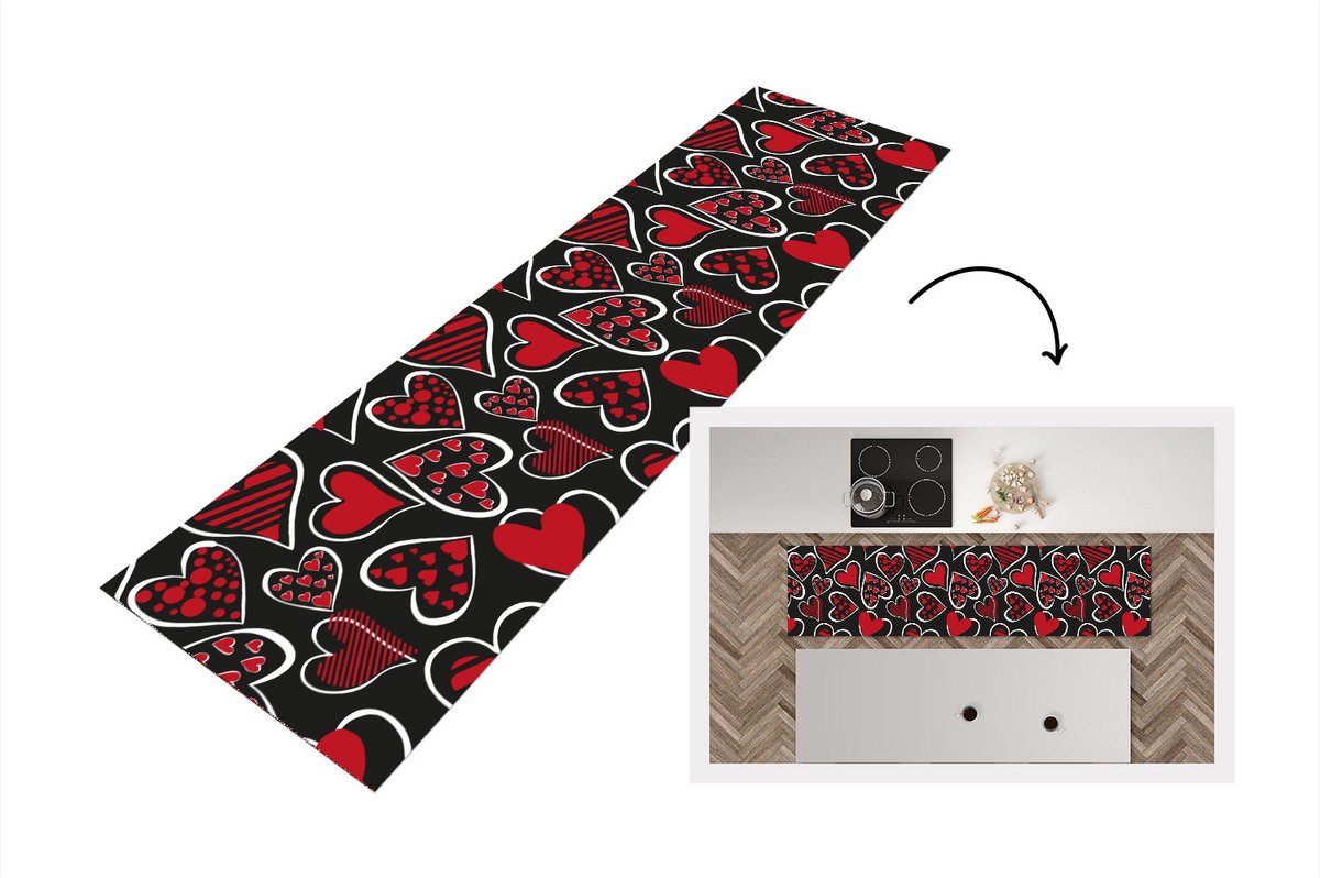 KitchenYeah Keukenloper - Loper keuken - Meisjes - Hart - Liefde - Patronen - 200x50 cm - Keukenloper vinyl Multicolor