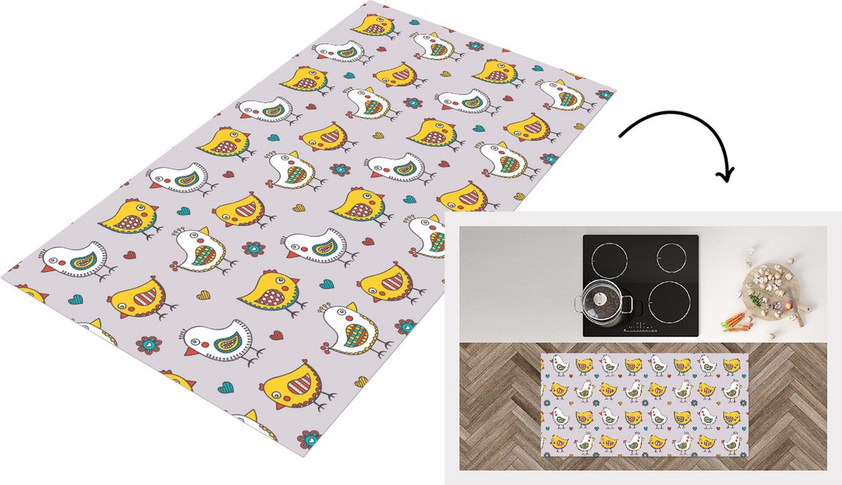 KitchenYeah Keukenloper - Loper keuken - Patroon - Vogel - Kip - 120x60 cm - Keukenloper vinyl Multicolor