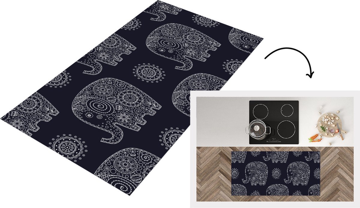 KitchenYeah Keukenloper - Loper keuken - Patroon - Olifant - Bloemen - 120x60 cm - Keukenloper vinyl Multicolor