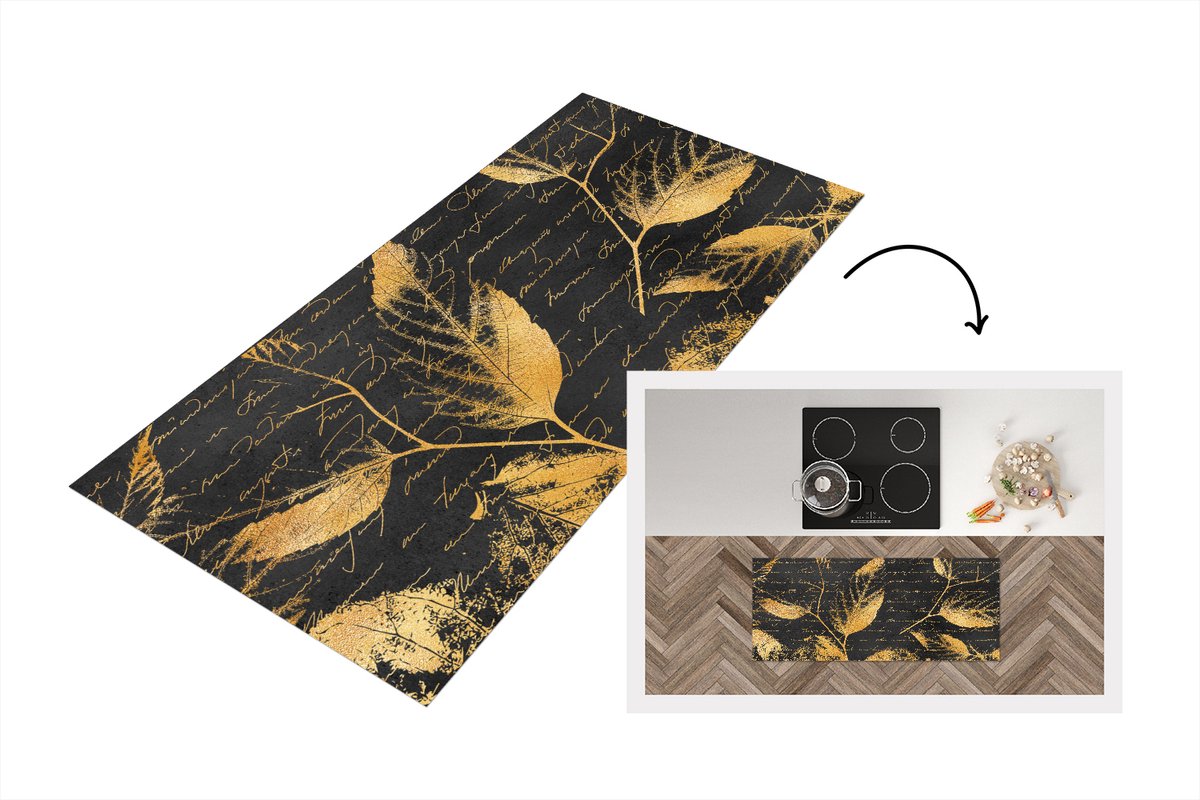 KitchenYeah Keukenloper - Loper keuken - Goud - Bladeren - Zwart - Keukenloper vinyl Multicolor