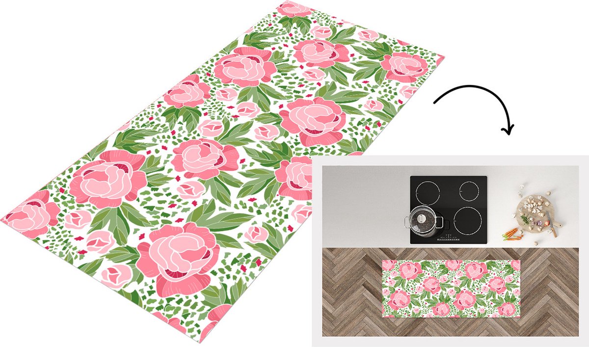 KitchenYeah Keukenloper - Loper keuken - Bloemen - Roze - Patronen - 120x50 cm - Keukenloper vinyl Multicolor