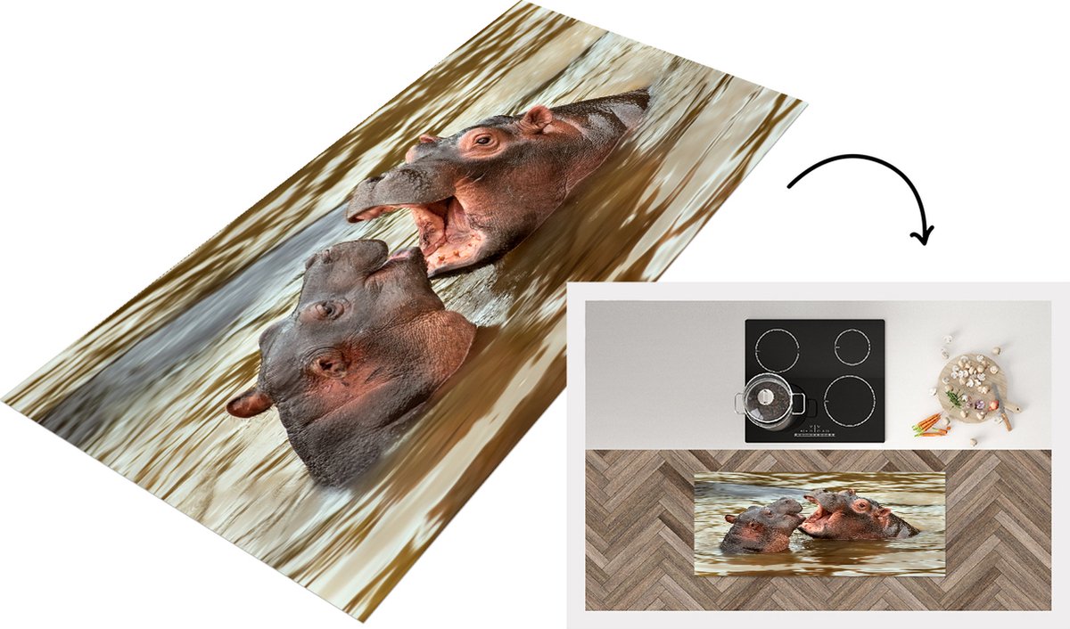 KitchenYeah Keukenloper - Loper keuken - Nijlpaard - Dieren - Water - Keukenloper vinyl Multicolor