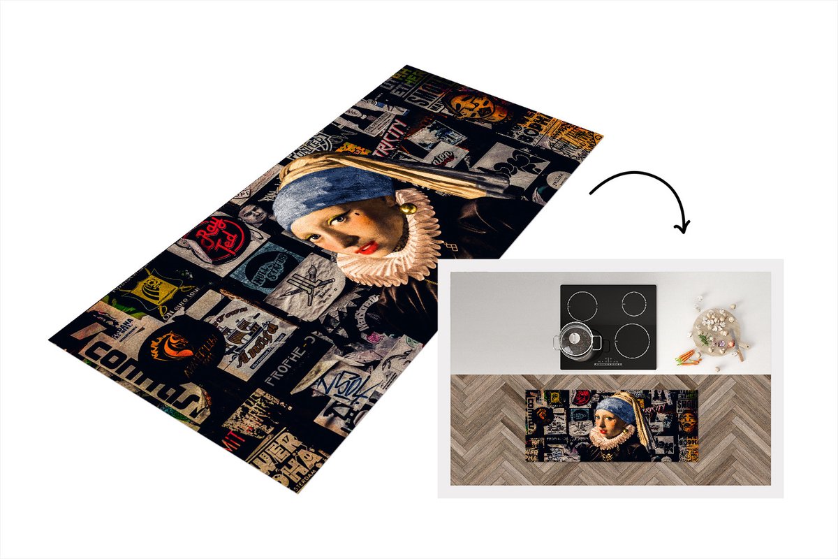 KitchenYeah Keukenloper - Loper keuken - Meisje met de parel - Tattoo - Vermeer - 120x50 cm - Keukenloper vinyl Multicolor