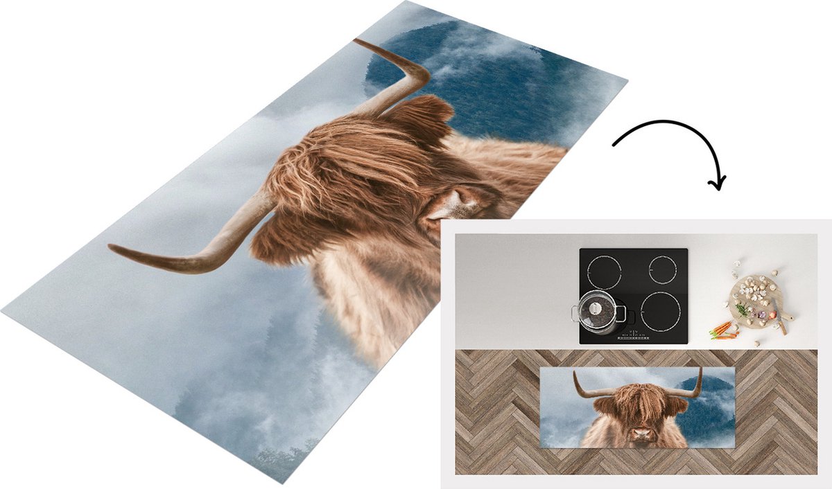 KitchenYeah Keukenloper - Loper keuken - Schotse hooglander - Koe - Hoorn - 120x50 cm - Keukenloper vinyl Multicolor