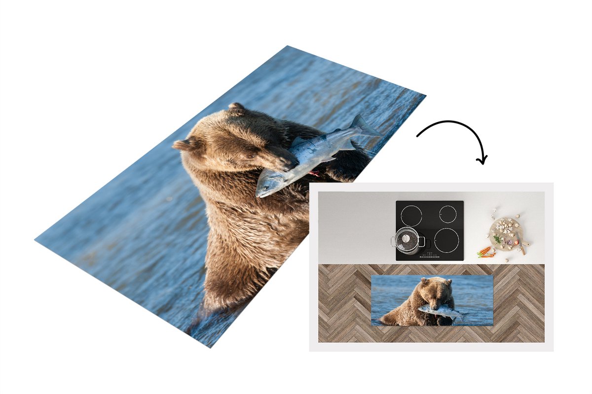 KitchenYeah Keukenloper - Loper keuken - Beer - Bruin - Vis - 120x50 cm - Keukenloper vinyl Multicolor