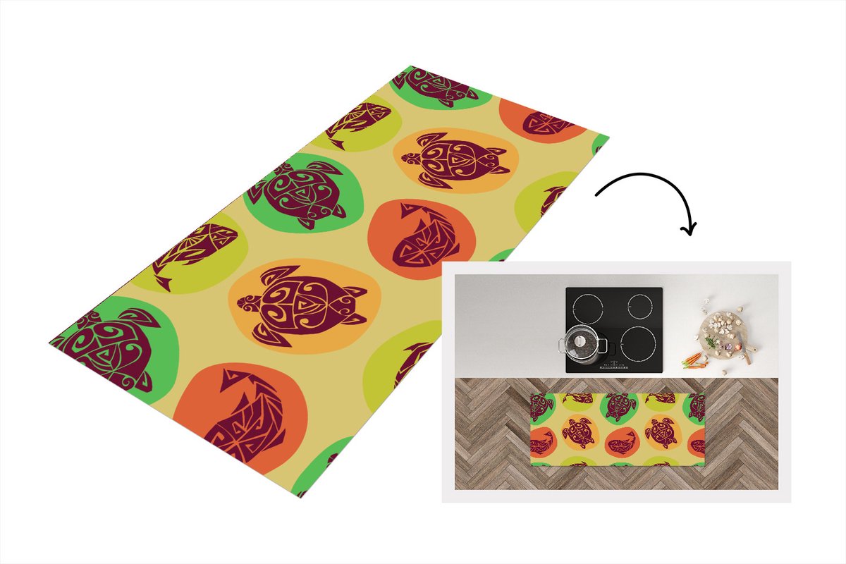 KitchenYeah Keukenloper - Loper keuken - Schildpad - Vissen - Maori - Patroon - Keukenloper vinyl Multicolor