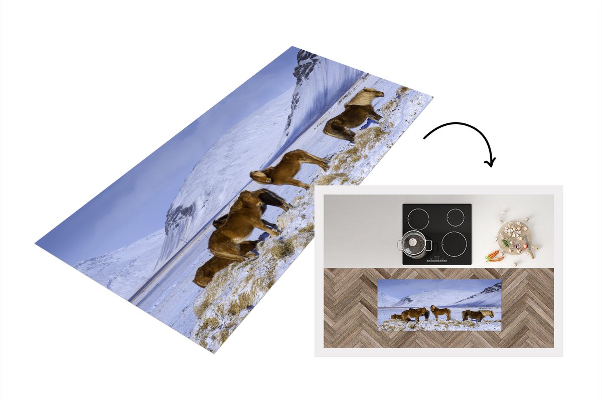 KitchenYeah Keukenloper - Loper keuken - Besneeuwde bergen met IJslander paarden - 120x50 cm - Keukenloper vinyl Multicolor