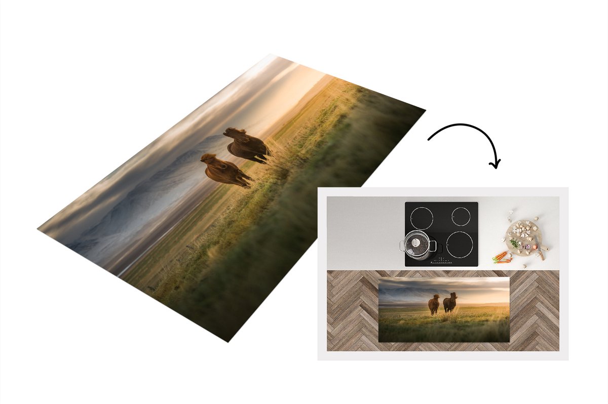 KitchenYeah Keukenloper - Loper keuken - IJslander paarden in een groen veld bij zonsondergang - 120x60 cm - Keukenloper vinyl Multicolor