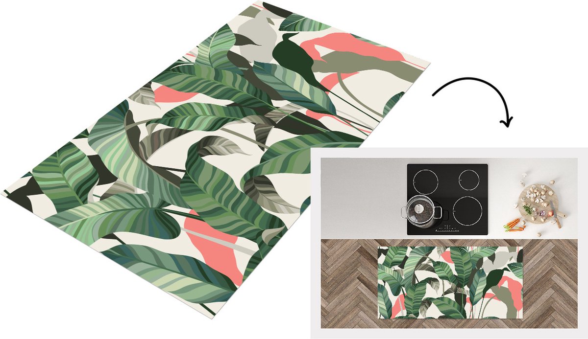 KitchenYeah Keukenloper - Loper keuken - Tropisch - Bladeren - Roze - 120x60 cm - Keukenloper vinyl Multicolor